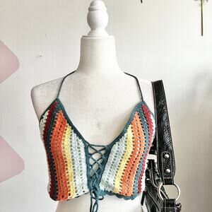 Rainbow‎ Crochet Crop Top, Vintage Boho Y2K Festival Indie Retro Small